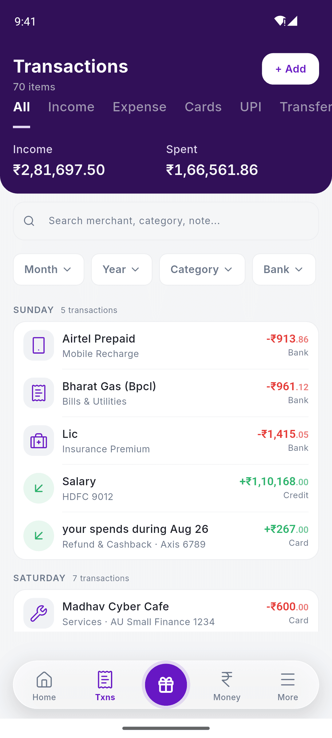 SkyloFin transactions, each one read from a bank message